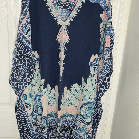 Lilly Pulitzer Atlin Elegant Navy and Pink Kaftan Swim Cover-Up L/XL 100% Silk - Picture 7 of 8